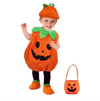 Halloween-puku lapsille - Kurpitsateema - Sisältää hatun ja laukun - 130 cm - Large