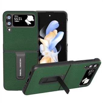 ABEEL Samsung Galaxy Z Flip4 5G -puhelimen suojakuorelle jalustalle lehmännahkainen nahka + PC Litchi Texture -puhelinkotelo