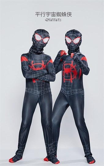 Spiderman musta/punainen tiukka asu - lapset - sis. Puku + naamio - Suuri - 120-130 cm