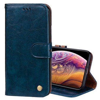 Business-tyylinen nahkakotelo iPhone XS Max -korttikotelolle ja hihnalle - sininen