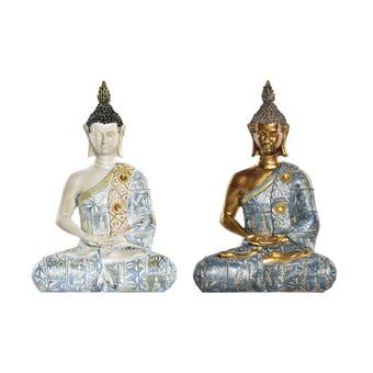 Koristehahmo DKD Home Decor Sininen Kullattu Buddha Valkoinen Hartsi (17,8 x 10,6 x 26,3 cm) (2 osaa)