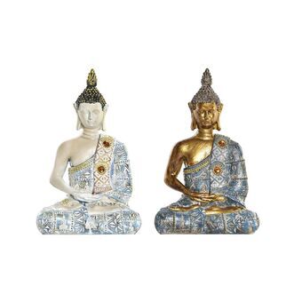 Koristehahmo DKD Home Decor Sininen Kullattu Buddha Valkoinen Hartsi (12,5 x 8,8 x 20,5 cm) (2 osaa)