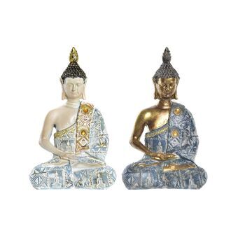 Koristehahmo DKD Home Decor Sininen Kullattu Buddha Valkoinen Hartsi (9,5 x 6,5 x 16 cm) (2 osaa)