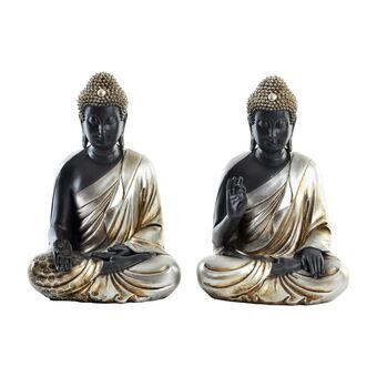 Koristehahmo DKD Home Decor Hopeinen Musta Buddha Hartsi Itämainen (20,5 x 16,5 x 30 cm) (2 osaa)