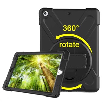 Unique Defense 360 ° kääntösuojus kannattimella ja käsihihnalla iPad 9.7 (2018) / iPad 9.7 (2017) -puhelimille - musta