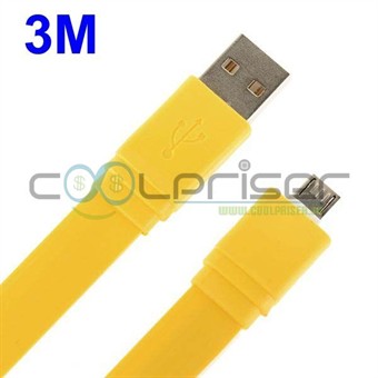 Litteä 3 metrin mikro-USB-kaapeli (keltainen)