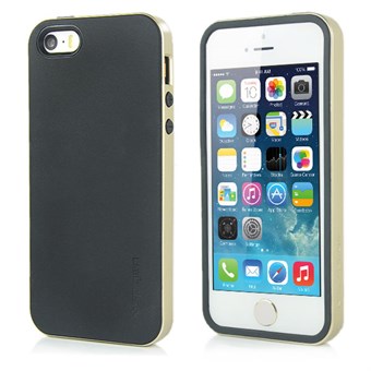 SPIGEN silikonisuojus muovisilla puskurin sivuilla iPhone 5 / iPhone 5S / iPhone SE 2013 - musta/kulta
