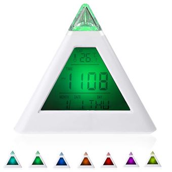 7 LED-väriä vaihtavaa pyramidin digitaalista LCD-kolmion kelloa