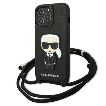 Karl Lagerfeld KLHCP13LCMNIPK iPhone 13 Pro / 13 6,1" kova kotelo musta / musta Nahkamonogrammimerkki ja johto Iconic