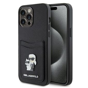 Karl Lagerfeld KLHCP15XSAPKCNPK iPhone 15 Pro Max 6.7" musta kova suojakuori Saffiano-korttipaikalla KC-metalli-napilla.