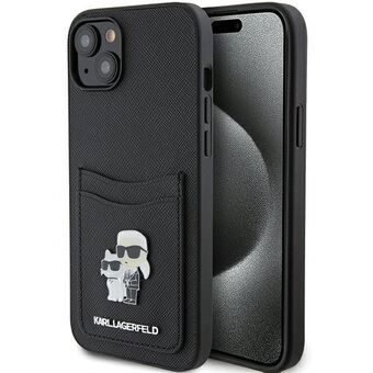 Karl Lagerfeld KLHCP15SSAPKCNPK iPhone 15 6.1" musta/black kovakotelo Saffiano-korttipaikalla Karl&Choupette -metallitappi