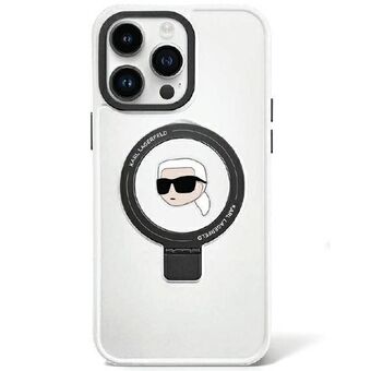 Karl Lagerfeld KLHMP15LHMRSKHH iPhone 15 Pro 6.1" valkoinen takakansi Karl Head MagSafella ja telineellä.