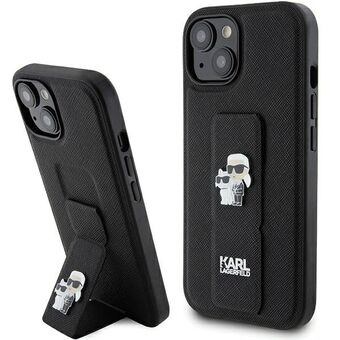 Karl Lagerfeld KLHCP15SGSAKCPK iPhone 15 6.1" musta kovamuovikuori Gripstand Saffiano Karl&Choupette -napeilla.