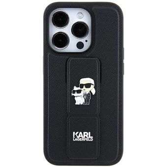 Karl Lagerfeld KLHCN61GSAKCPK iPhone 11 / Xr 6.1" musta/safranilla varustettu suojaava koteloteline Gripstand Karl&Choupette Pins -lisävarusteella.