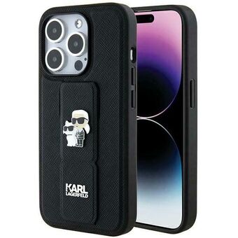 Karl Lagerfeld KLHCP13LGSAKCPK iPhone 13 Pro / 13 6.1" musta kova suojakuori Gripstand Saffiano Karl&Choupette-pinssillä.