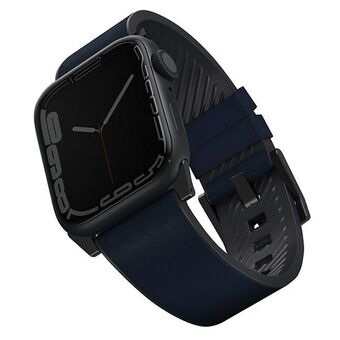 UNIQ pasek Straden Apple Watch Series 1/2/3/4/5/6/7/8/9/SE/SE2/Ultra/Ultra 2 42/44/45/49mm. Nahkaa ja hybridiä yhdistelevä ranneke, sininen.