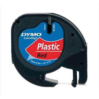 Dymo LetraTag etiketti musta teksti punanauhalla (91203) 12mm × 4M