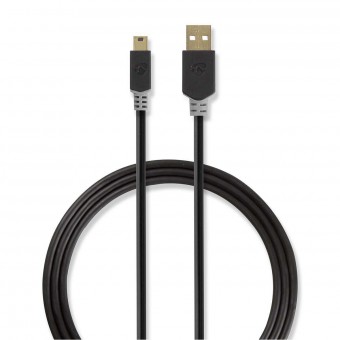 USB-kaapeli | USB 2.0 | USB-A uros | USB Mini-B 5-nastainen uros | 480 Mbps | Kullattu | 2,00 m | Pyöreä | PVC | Antrasiitti | Muovipussi