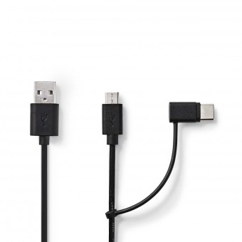2 in 1 -kaapeli | USB 2.0 | USB-A uros | USB Micro-B uros / USB-C™ uros | 480 Mbps | 1,00 m | Nikkelipinnoitettu | Pyöreä | PVC | Musta | Rakkuloja
