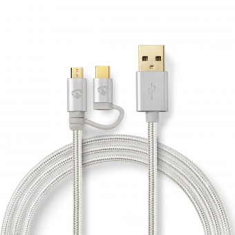 2 in 1 -kaapeli | USB 2.0 | USB-A uros | USB Micro-B uros / USB-C™ uros | 480 Mbps | 1,00 m | Kullattu | Pyöreä | Punottu | Alumiini | Kansiikkunan laatikko