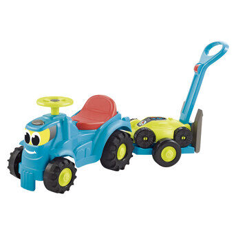 Ecoiffier-traktori perävaunulla ja ruohonleikkurilla
