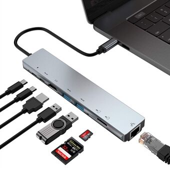 WC7367 8 in 1 USB-C HUB Monitoiminen SD/TF-kortinlukija HDMI RJ45 USB PD Type-C -telakointiasemamuunnin