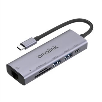AMALINK AL-95122D 6 in 1 Type C Hub TF Card Reader USB 2.0 + 3.0 PD 3.0 RJ45 Adapteri Jopa 85W Virransyöttö