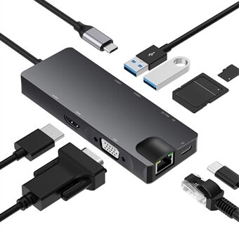 8 in 1 USB-C-keskitin Type C - RJ45 / PD 100 W latausportti / HD / kortinlukija / 3,5 mm:n ääniliitäntä / VGA / 2x USB 3.0 -portin telakointiasema