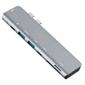 7 in 1 kannettava alumiiniseoksesta valmistettu Dual Type-C -keskitin USB 3.0 + USB C + USB + SD / TF-kortinlukijan moniporttisen sovittimen Dongle MacBookille