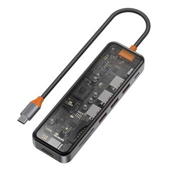 WIWU CB007 7-in-1 Type-C Hub Multi-Port Docking Station USB-C to HD 4K, PD 100W, USB3.0, TF Card Reader Adapter Metal Tempered Glass Transparent Converter