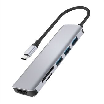 WIWU A731HC USB-C Hub 7-In-1 -sovitin 3xUSB 3.0:lle + HD-videolähtö + 2 kortinlukijapaikkaa + 100 W PD-lataus