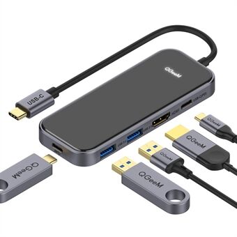 QGEEM QG-UH05-5 USB C -keskitin 4K-resoluutioon HD Video + 2xUSB 3.0 + PD-pikalaturi + USB C -sovitin MacBookille/MateBookille/muille Type-C-laitteille