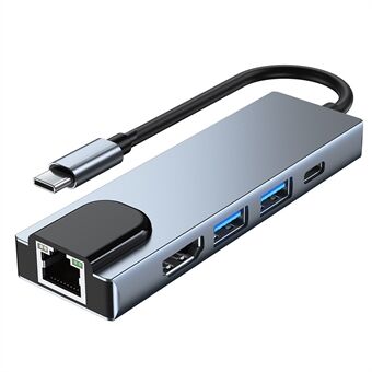 2007 5-in-1 Type-C-telakointiasema Kannettava USB-C-keskitinsovitin Moniporttinen USB-C-muunnin Tuki 4K / 30Hz, PD 87W, RJ45 100GbE, 5,0 Gbps
