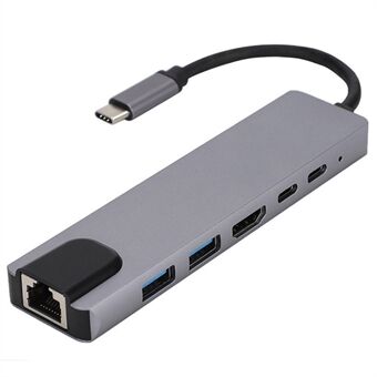 6-in-1 Type-C Hub -monitoimitelakointiasema 4K UHD USB-C -sovitin USB 2.0:lle, 87 W Type-C, 100 Mbps Ethernet