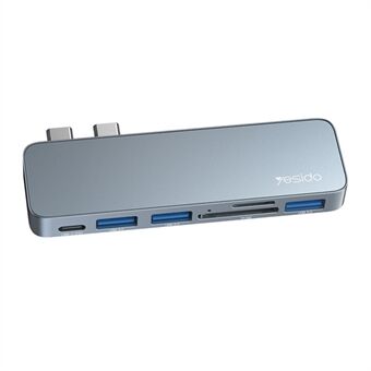 YESIDO HB10 Dual Type-C Hub Splitter 6-in-1 USB3.0 TF / muistikortinlukija PD-sovitin kannettavan telakointiasema