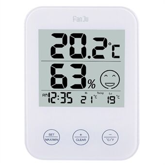 FANJU FJ718 Monitoiminen kosketusherätyskello, lämpötila- ja kosteusmittari seinään asennettava / pöytäkello kotiin olohuoneeseen, makuuhuoneeseen
