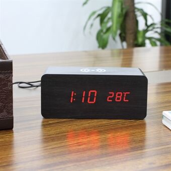 Modern Wooden Digital LED Desk Electric Alarm Clock Thermometer Sound Control Phone Wireless Charger Alarm Clock