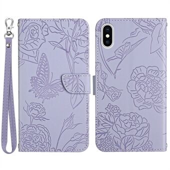For iPhone XS Max 6.5 inch PU Leather Case Folding Stand Skin-touch Feeling Butterfly Flower Pattern Imprinted Flip Wallet Phone Cover with Wrist Strap
