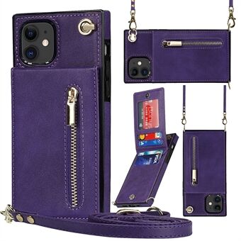 Pystysuuntainen vetoketjullinen lompakko Kickstand Design nahkainen puhelimen hybridikotelo kaulanauhalla iPhone 11 6,1 tuumalle