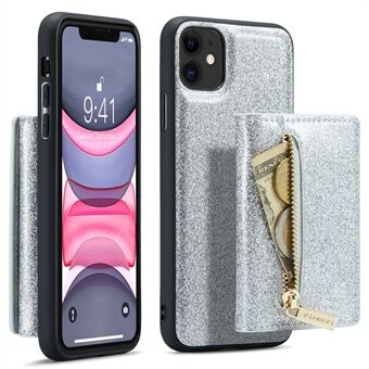 DG.MING M3 -sarja iPhone 11:lle 6,1 tuuman vetoketjullinen tasku Magneettinen irrotettava 2-in-1-puhelimen kansi Glitter PU-nahkapäällysteinen PC+TPU-kickstand lompakkokotelo