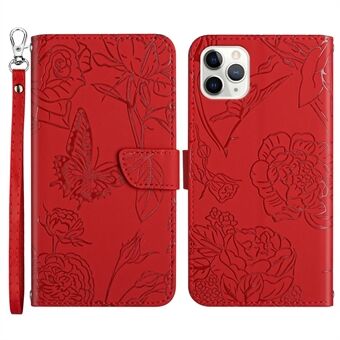For iPhone 11 Pro 5.8 inch Butterfly Flower Imprinted Wallet Case Skin-touch Feeling PU Leather Stand Cover with Hand Strap