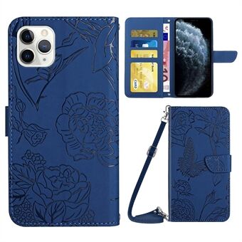 For iPhone 11 Pro 5.8 inch Butterfly Flowers Imprinting PU Leather Phone Shell, Pattern Imprinting Design Wallet Stand Case with Shoulder Strap