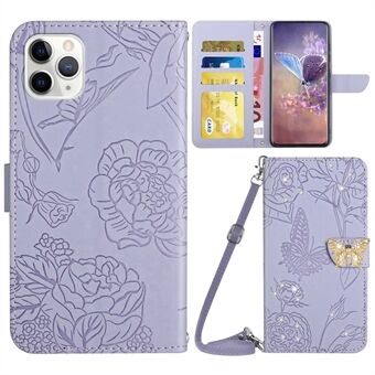 Ihokosketus Rhinestone Decor -puhelinkotelo iPhone 11 Pro 5,8 tuumaa, Butterfly Flowers -kuvioinen nahkainen Stand -lompakkosuojus olkahihnalla