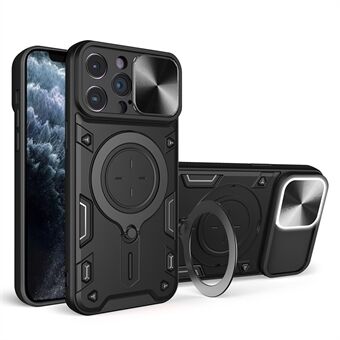 IPhone 11 Pro Maxin liukukameran kannen pudotuksenkestävä suojus, kääntyvä tukijalusta PC + TPU-puhelinkotelo