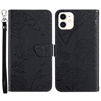 For iPhone 12 mini 5.4 inch Butterfly Flower Pattern Imprinted Stand Case Shockproof Skin-touch Feeling PU Leather Wallet Anti-fall Cover with Strap