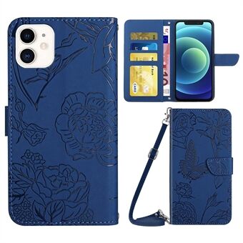 PU Leather Phone Shell for iPhone 12 mini 5.4 inch Butterfly Flowers Imprinting Protective Case Scratch Resistant Stand Wallet Case with Shoulder Strap