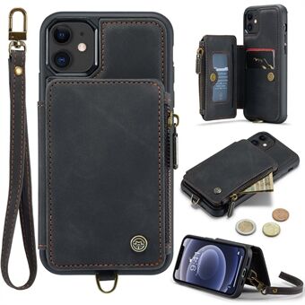 CASEME C20 -sarja iPhone 12 minille 5,4 tuuman PU-nahkapäällysteinen TPU-vetoketjullinen taskukotelo RFID-estävä lompakko Kickstand suojaava puhelimen kansi hihnalla