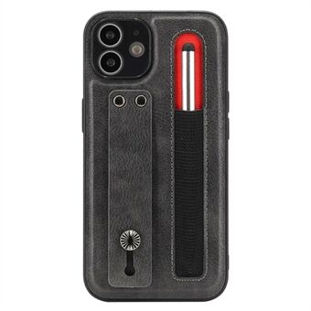 007-sarja iPhone 12:lle 6,1 tuuman PU-nahkapäällysteinen TPU Iskunkestävä putoamisen estävä käsihihna Kickstand suojaava puhelinkotelo kynällä