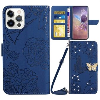 IPhone 12:lle 6,1 tuuman / 12 Pro 6,1 tuuman tekojalokivi Decor Skin-touch PU-nahkakuori Butterfly Flowers painettu puhelintelineen Stand olkahihnalla