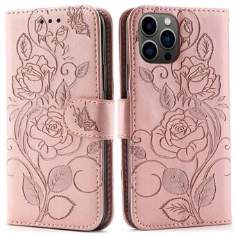 Printed Roses -puhelinkotelo iPhone 12 / 12 Pro 6,1 tuumalle, pudotuksenkestävä PU-nahkainen Stand Lompakkotelineen suojaava puhelimen kuori